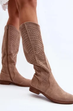 Outlet Damskie buty S.Barski S.Barski HY66-150 Ażurowe Kozaki Na Płaskim Obcasie Beżowe