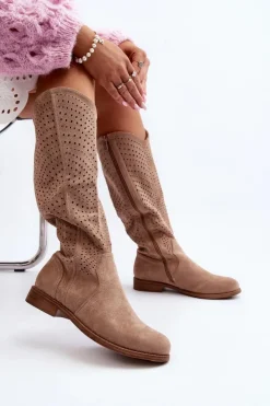 Outlet Damskie buty S.Barski S.Barski HY66-150 Ażurowe Kozaki Na Płaskim Obcasie Beżowe