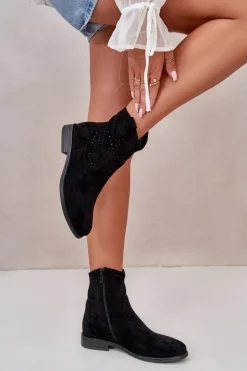 Sale Damskie buty S.Barski S.Barski HY66-135 Damskie Ażurowe Botki Na Płaskim Obcasie Czarne