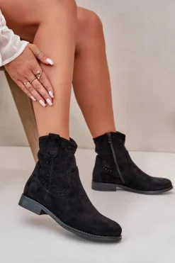 Sale Damskie buty S.Barski S.Barski HY66-135 Damskie Ażurowe Botki Na Płaskim Obcasie Czarne