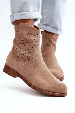 Damskie Damskie buty S.Barski S.Barski HY66-135 Damskie Ażurowe Botki Na Płaskim Obcasie Beżowe