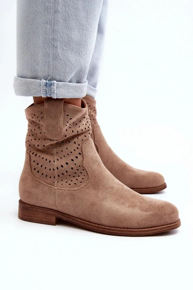 Damskie Damskie buty S.Barski S.Barski HY66-135 Damskie Ażurowe Botki Na Płaskim Obcasie Beżowe