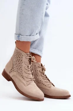 Damskie buty S.Barski Botki Wiosenne|Botki Ażurowe*S.Barski HY66-136 Damskie Botki Ze Wzorem Jasnobeżowe