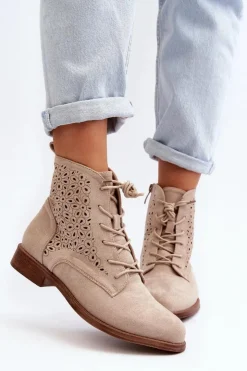Damskie buty S.Barski Botki Wiosenne|Botki Ażurowe*S.Barski HY66-136 Damskie Botki Ze Wzorem Jasnobeżowe