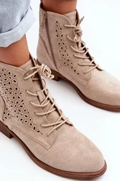 Damskie buty S.Barski Botki Wiosenne|Botki Ażurowe*S.Barski HY66-136 Damskie Botki Ze Wzorem Jasnobeżowe