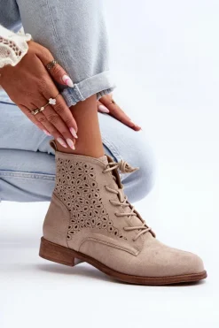 Damskie buty S.Barski Botki Wiosenne|Botki Ażurowe*S.Barski HY66-136 Damskie Botki Ze Wzorem Jasnobeżowe