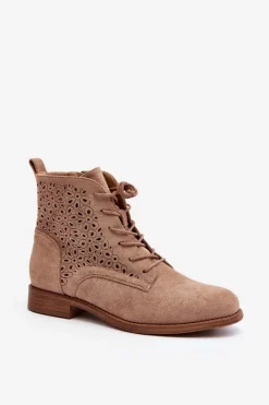 Damskie buty S.Barski Botki Wiosenne|Botki Ażurowe*S.Barski HY66-136 Damskie Botki Ze Wzorem Beżowe Beżowy