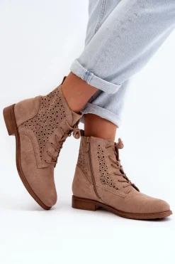 Damskie buty S.Barski Botki Wiosenne|Botki Ażurowe*S.Barski HY66-136 Damskie Botki Ze Wzorem Beżowe Beżowy