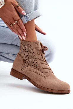 Damskie buty S.Barski Botki Wiosenne|Botki Ażurowe*S.Barski HY66-136 Damskie Botki Ze Wzorem Beżowe Beżowy