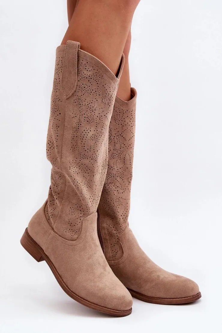 Clearance Damskie buty S.Barski S.Barski HY66-132 Kozaki Damskie Ażurowe Beżowe