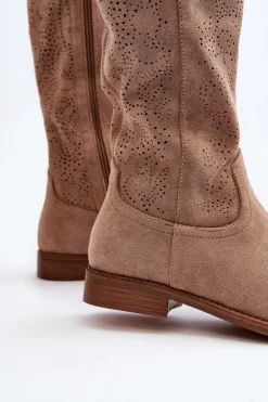 Clearance Damskie buty S.Barski S.Barski HY66-132 Kozaki Damskie Ażurowe Beżowe