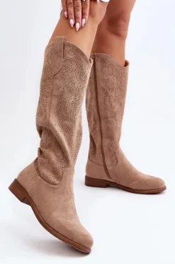 Clearance Damskie buty S.Barski S.Barski HY66-132 Kozaki Damskie Ażurowe Beżowe