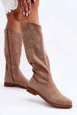 Clearance Damskie buty S.Barski S.Barski HY66-132 Kozaki Damskie Ażurowe Beżowe