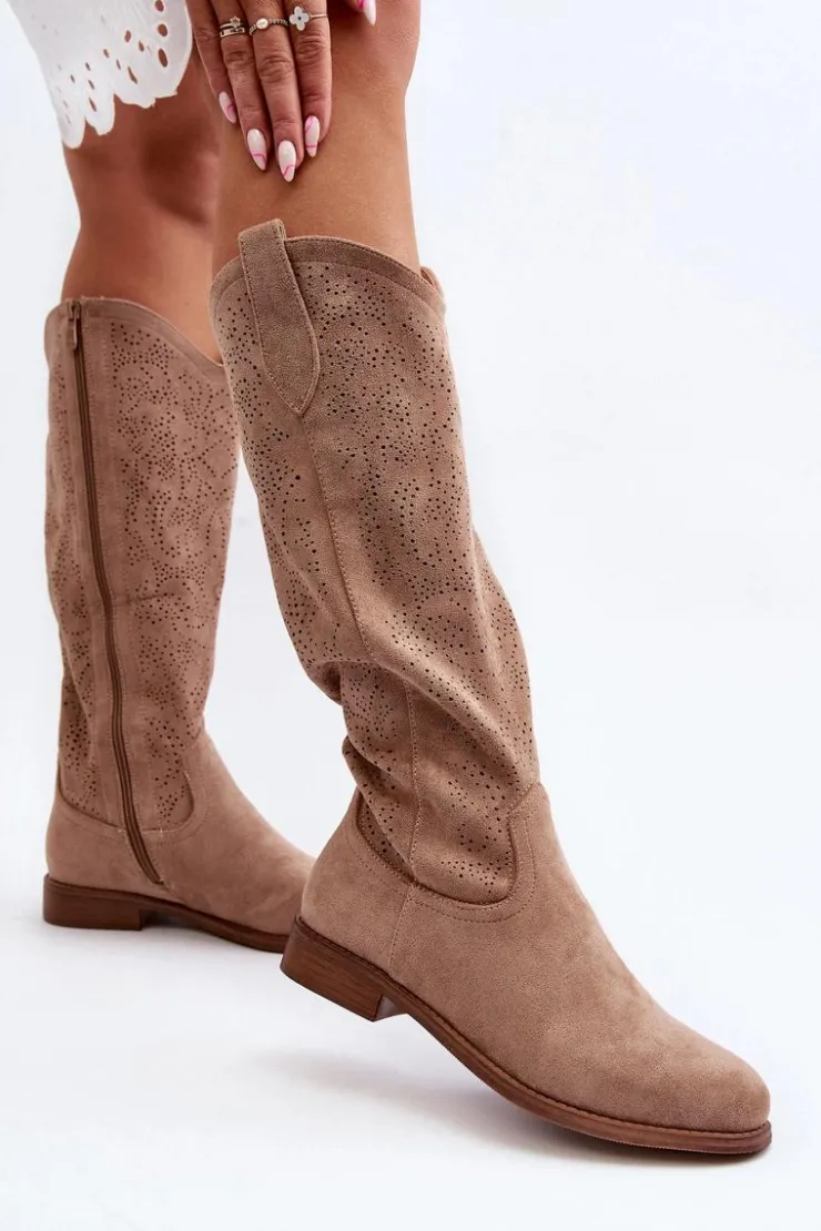 Clearance Damskie buty S.Barski S.Barski HY66-132 Kozaki Damskie Ażurowe Beżowe