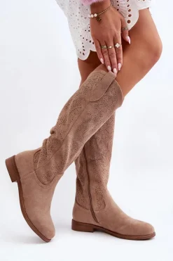 Clearance Damskie buty S.Barski S.Barski HY66-132 Kozaki Damskie Ażurowe Beżowe