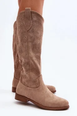 Clearance Damskie buty S.Barski S.Barski HY66-132 Kozaki Damskie Ażurowe Beżowe