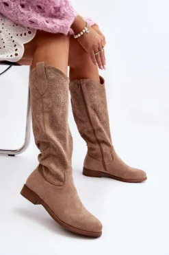 Clearance Damskie buty S.Barski S.Barski HY66-132 Kozaki Damskie Ażurowe Beżowe