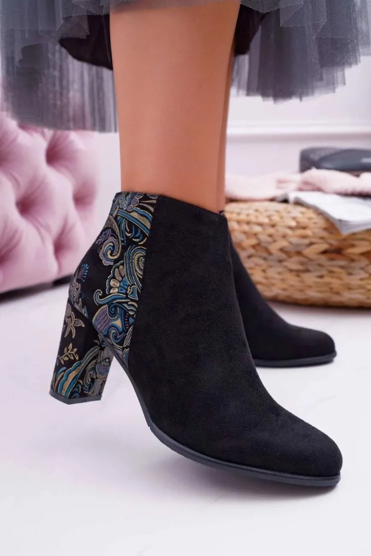 New Buty Sergio Leone Sergio Leone Czarne Botki Na Słupku Kwiaty Folk Eros