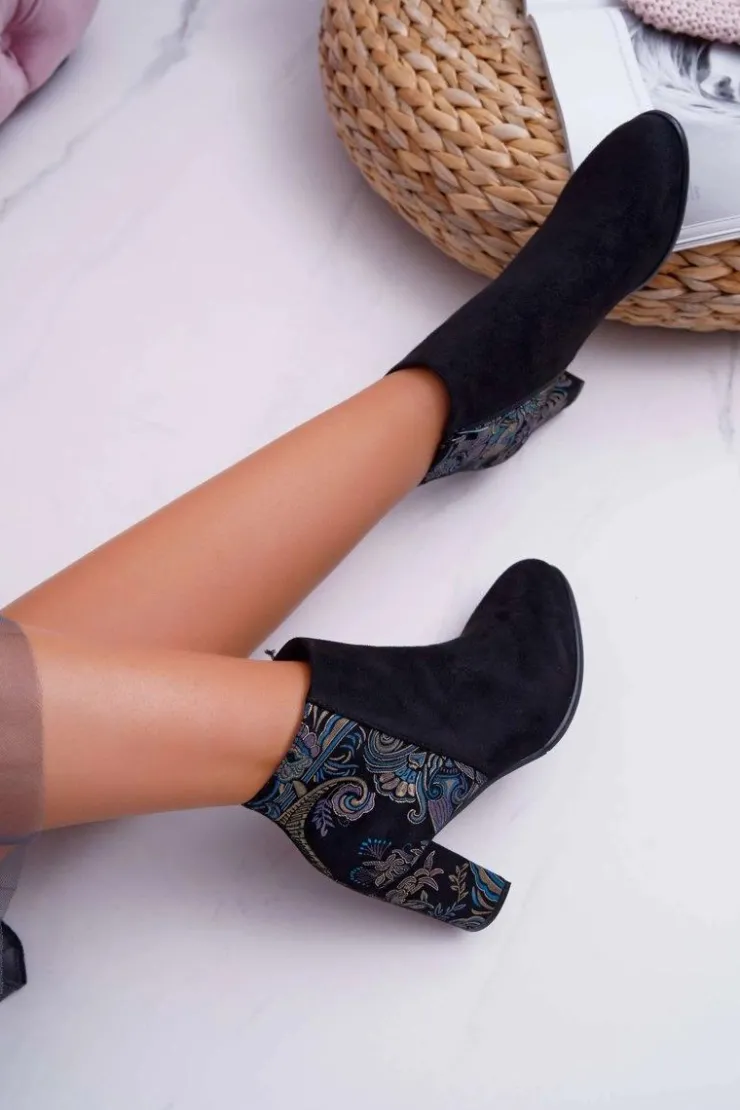 New Buty Sergio Leone Sergio Leone Czarne Botki Na Słupku Kwiaty Folk Eros