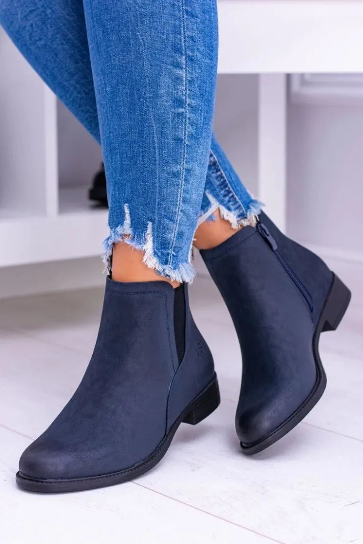 Damskie Buty Sergio Leone Sergio Leone Granatowe Botki Sztyblety Nubuk Płaski Obcas Vuko