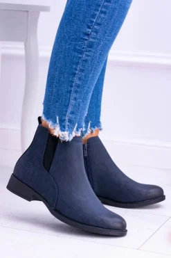 Damskie Buty Sergio Leone Sergio Leone Granatowe Botki Sztyblety Nubuk Płaski Obcas Vuko