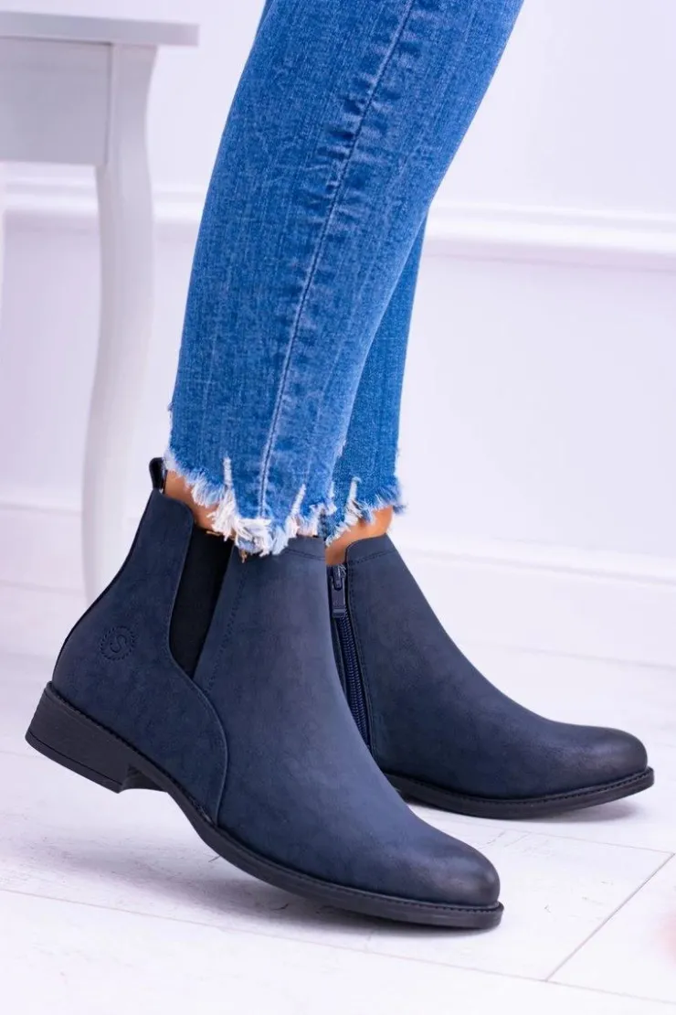 Damskie Buty Sergio Leone Sergio Leone Granatowe Botki Sztyblety Nubuk Płaski Obcas Vuko