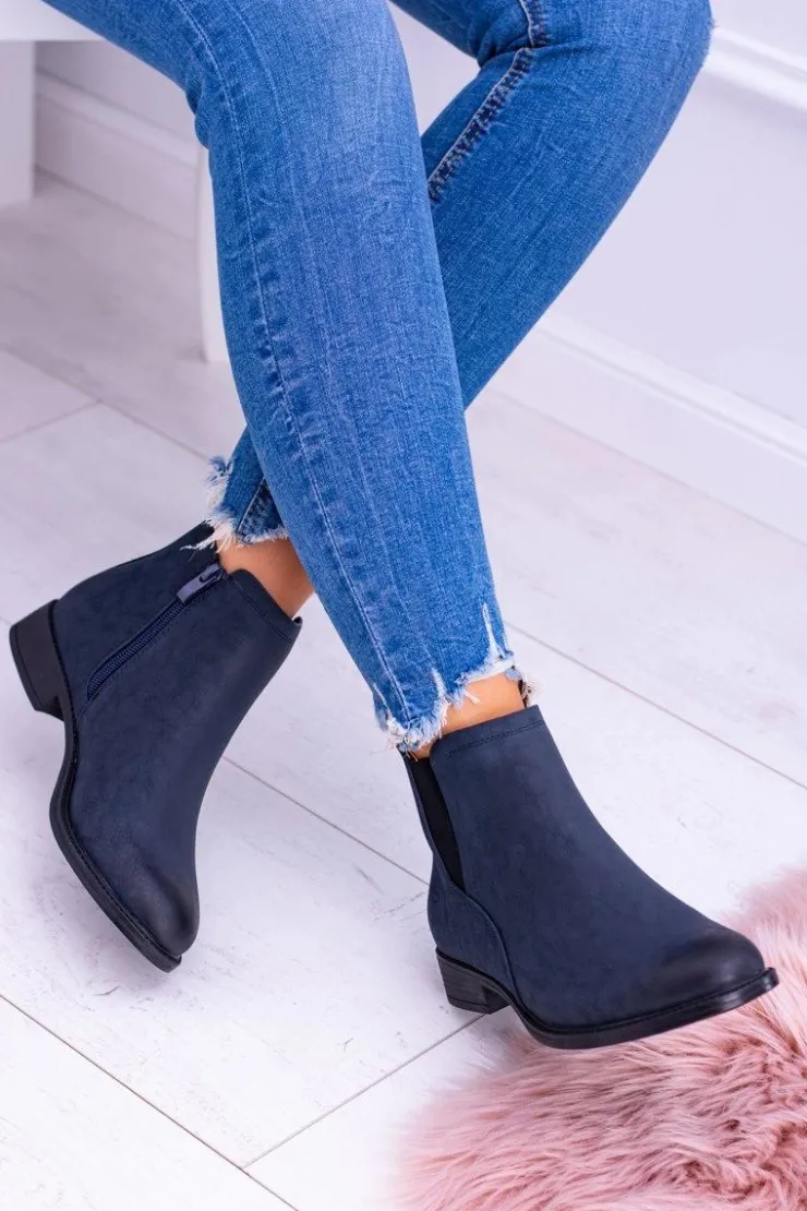 Damskie Buty Sergio Leone Sergio Leone Granatowe Botki Sztyblety Nubuk Płaski Obcas Vuko