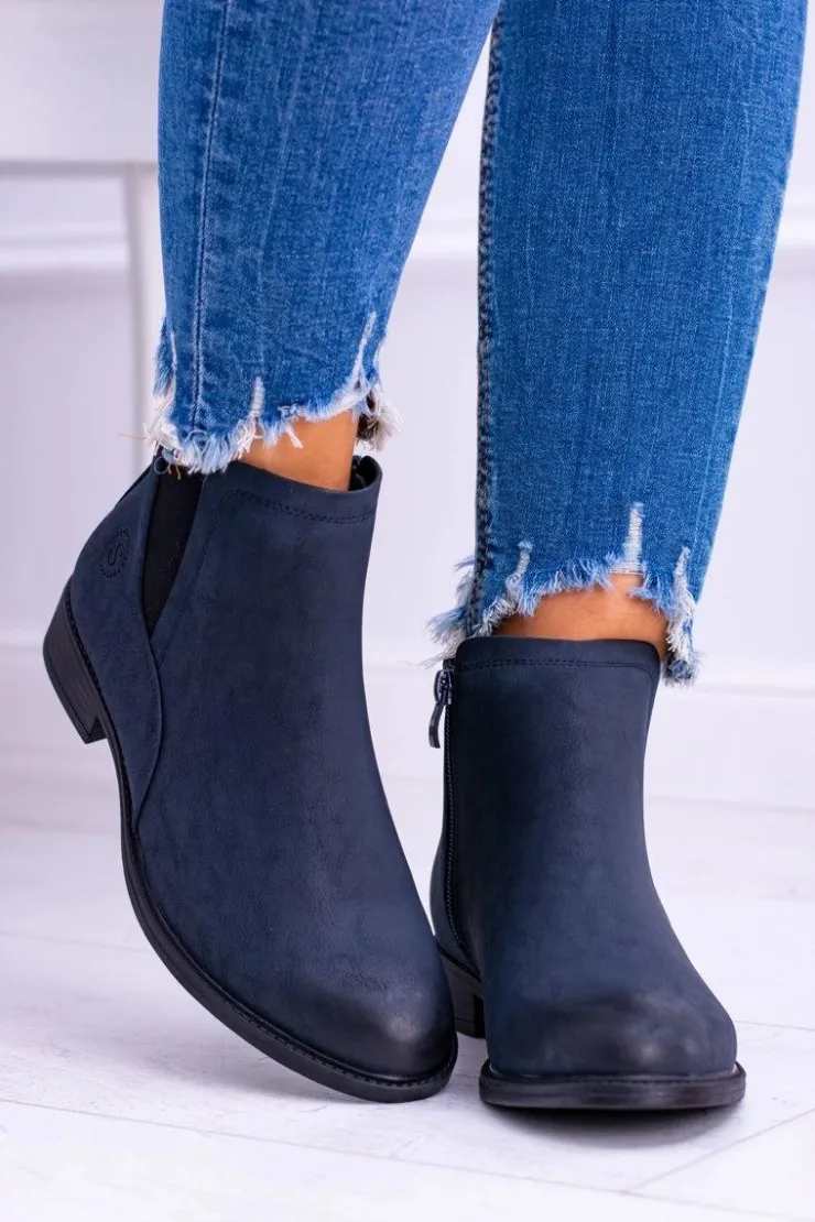 Damskie Buty Sergio Leone Sergio Leone Granatowe Botki Sztyblety Nubuk Płaski Obcas Vuko