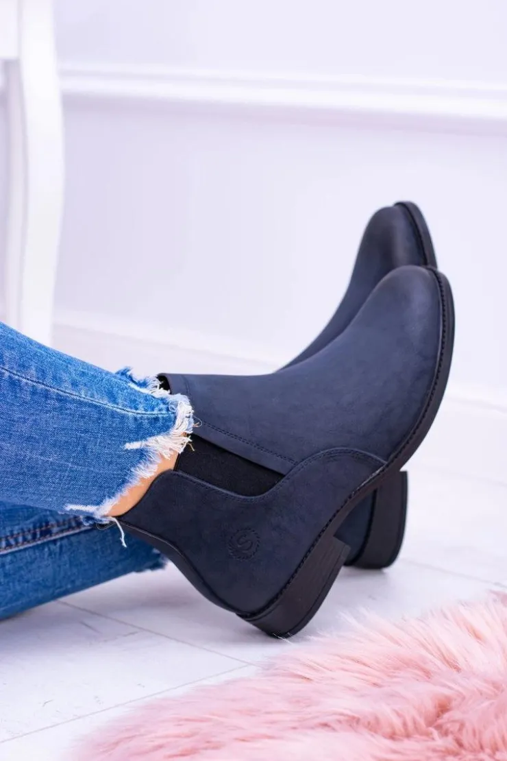 Damskie Buty Sergio Leone Sergio Leone Granatowe Botki Sztyblety Nubuk Płaski Obcas Vuko