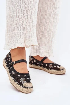 Damskie Boto Siateczkowe Espadryle Z Haftem Na Platformie Czarne Laxisa