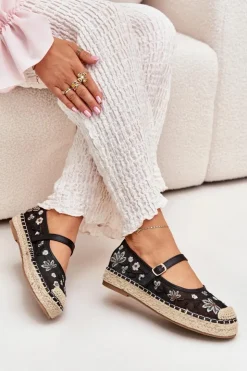 Damskie Boto Siateczkowe Espadryle Z Haftem Na Platformie Czarne Laxisa