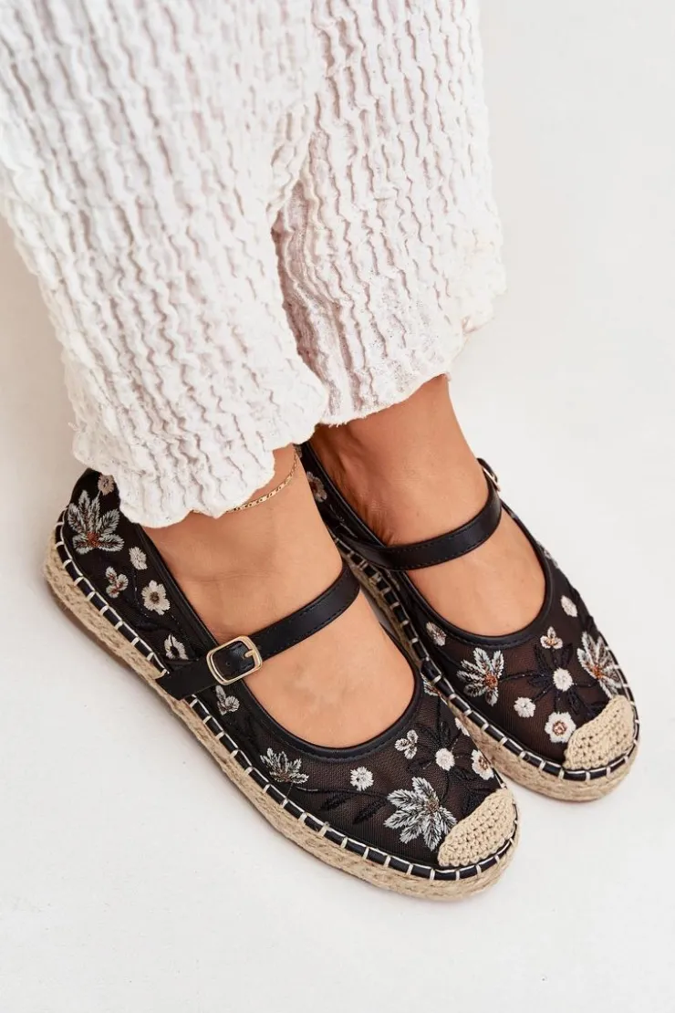 Damskie Boto Siateczkowe Espadryle Z Haftem Na Platformie Czarne Laxisa