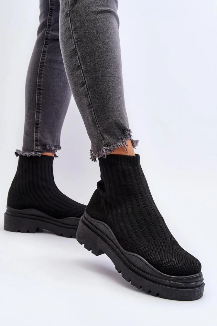 Boto Botki Wiosenne|Botki Sznurowane*Skarpetkowe Botki Na Masywnej Podeszwie Wsuwane Damskie Czarne Elipara