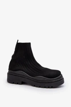 Boto Botki Wiosenne|Botki Sznurowane*Skarpetkowe Botki Na Masywnej Podeszwie Wsuwane Damskie Czarne Elipara