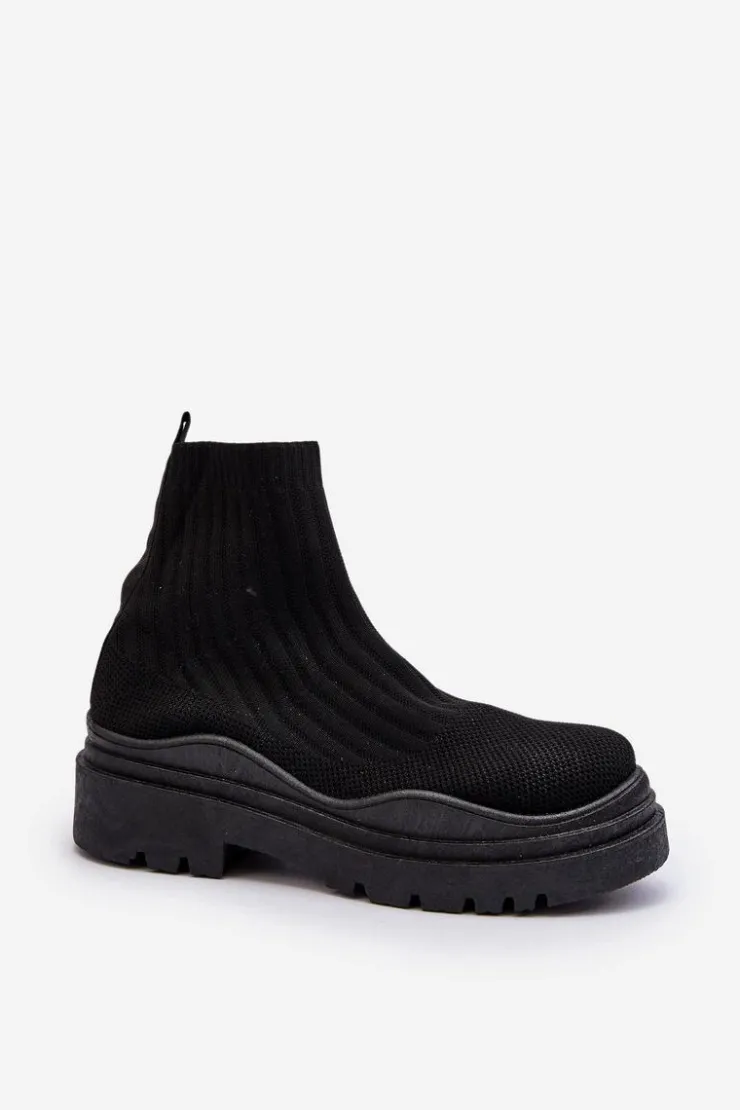 Boto Botki Wiosenne|Botki Sznurowane*Skarpetkowe Botki Na Masywnej Podeszwie Wsuwane Damskie Czarne Elipara