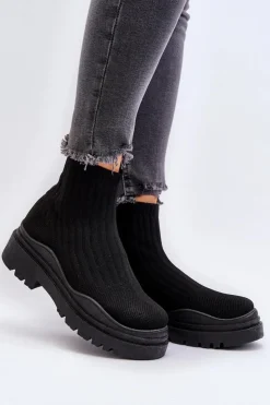 Boto Botki Wiosenne|Botki Sznurowane*Skarpetkowe Botki Na Masywnej Podeszwie Wsuwane Damskie Czarne Elipara