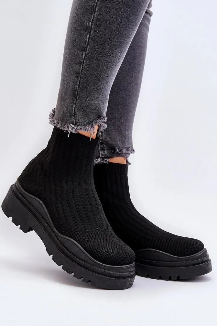 Boto Botki Wiosenne|Botki Sznurowane*Skarpetkowe Botki Na Masywnej Podeszwie Wsuwane Damskie Czarne Elipara