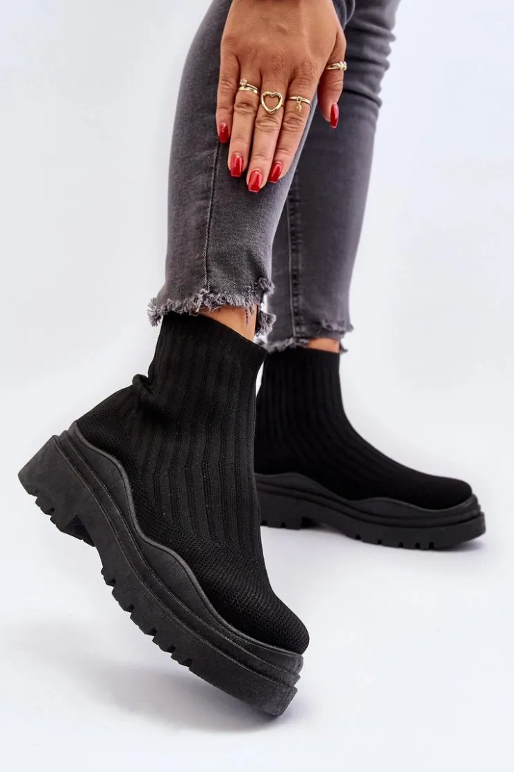 Boto Botki Wiosenne|Botki Sznurowane*Skarpetkowe Botki Na Masywnej Podeszwie Wsuwane Damskie Czarne Elipara