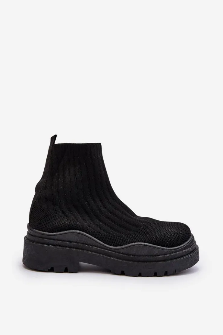 Boto Botki Wiosenne|Botki Sznurowane*Skarpetkowe Botki Na Masywnej Podeszwie Wsuwane Damskie Czarne Elipara