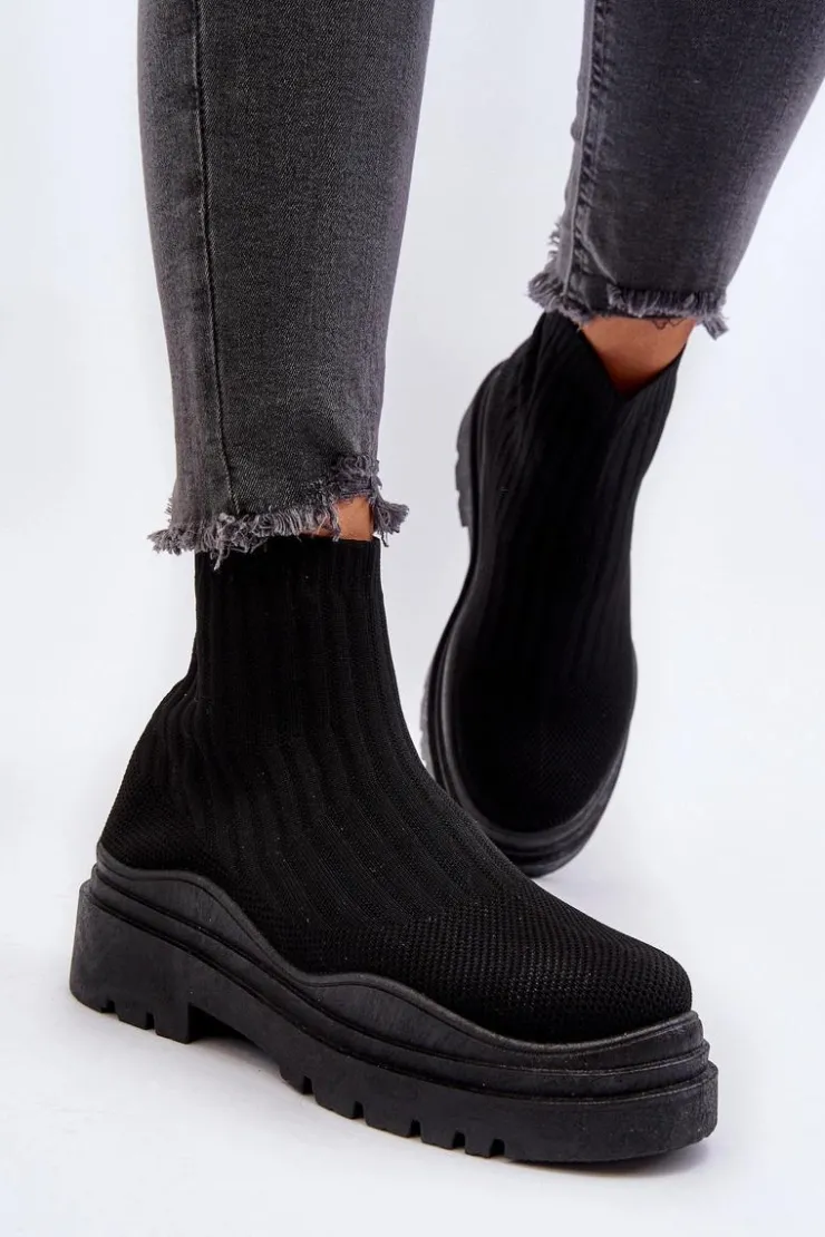 Boto Botki Wiosenne|Botki Sznurowane*Skarpetkowe Botki Na Masywnej Podeszwie Wsuwane Damskie Czarne Elipara