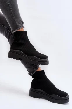 Boto Botki Wiosenne|Botki Sznurowane*Skarpetkowe Botki Na Masywnej Podeszwie Wsuwane Damskie Czarne Elipara
