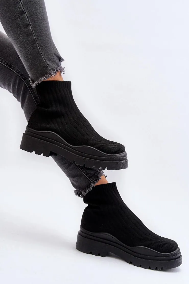 Boto Botki Wiosenne|Botki Sznurowane*Skarpetkowe Botki Na Masywnej Podeszwie Wsuwane Damskie Czarne Elipara