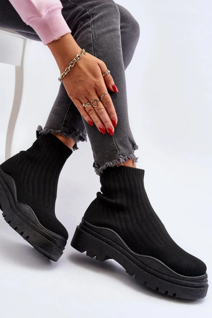 Boto Botki Wiosenne|Botki Sznurowane*Skarpetkowe Botki Na Masywnej Podeszwie Wsuwane Damskie Czarne Elipara
