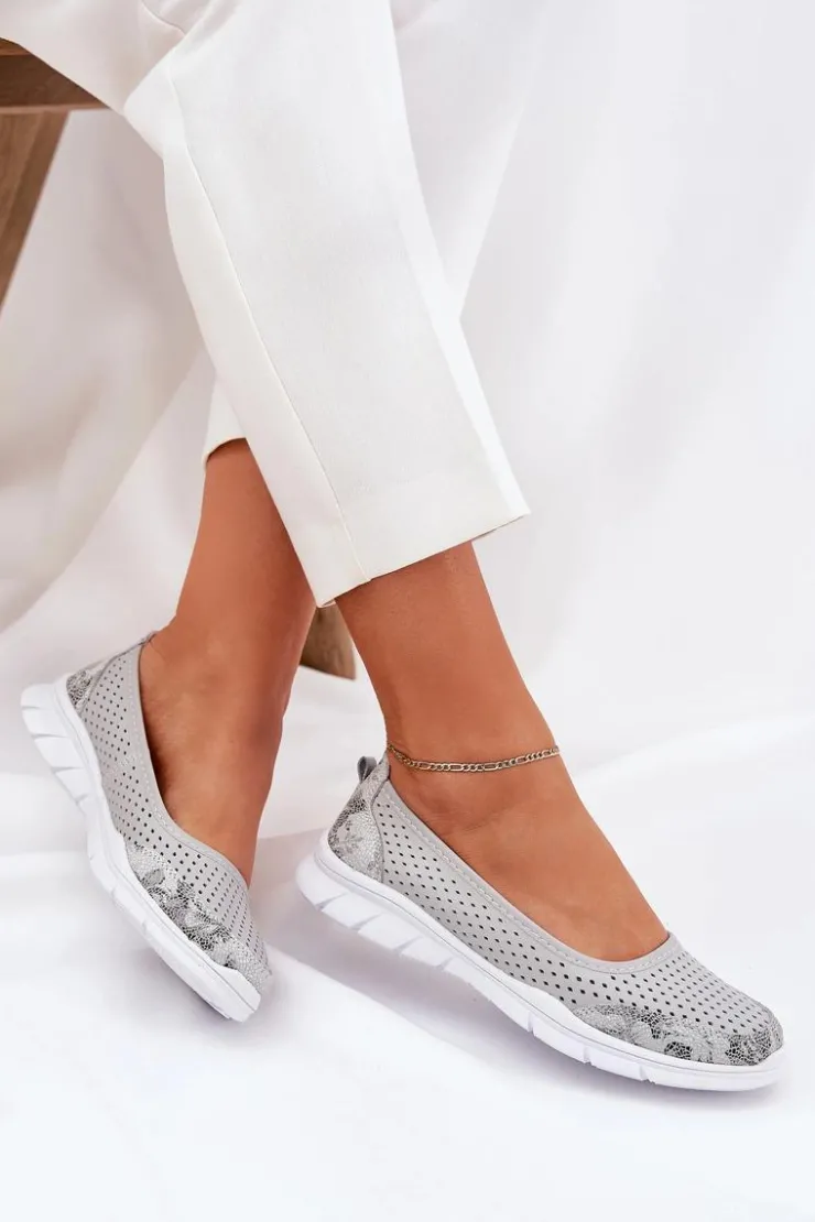 Buty damskie Vinceza Baleriny Skórzane|Baleriny Klasyczne*Skórzane Ażurowe Baleriny Vinceza 95323 Szare Szary