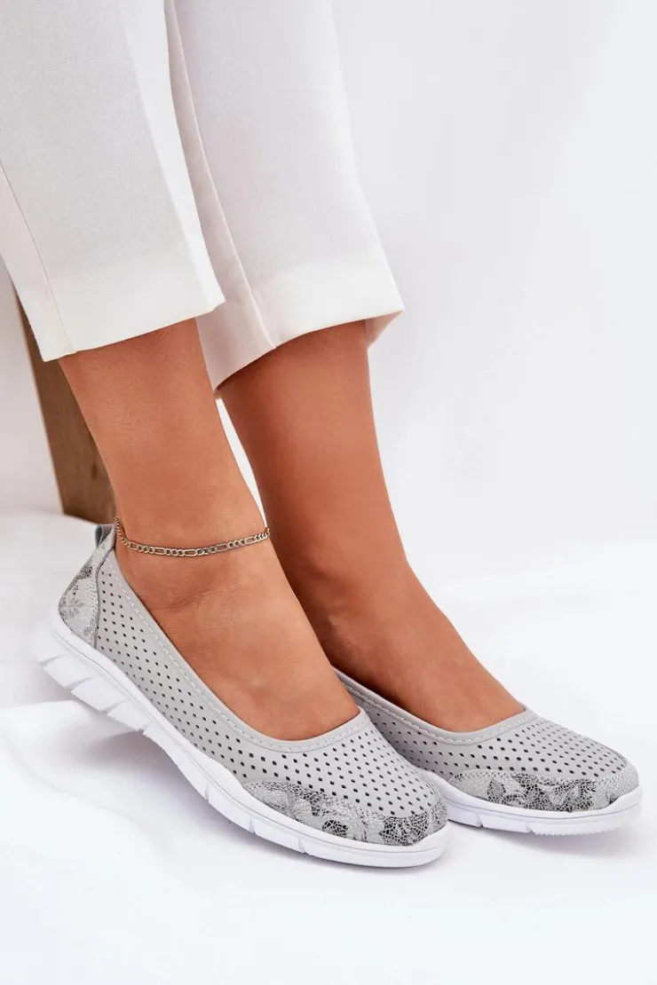 Buty damskie Vinceza Baleriny Skórzane|Baleriny Klasyczne*Skórzane Ażurowe Baleriny Vinceza 95323 Szare Szary