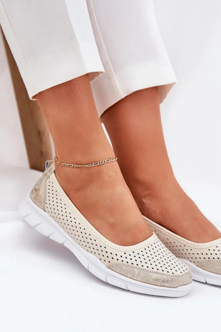 Clearance Buty damskie Vinceza Skórzane Ażurowe Baleriny Vinceza 95323 Beżowe