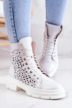 Damskie Boto Skórzane Ażurowe Botki Białe Aileen