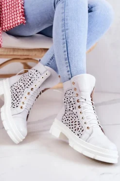 Damskie Boto Skórzane Ażurowe Botki Białe Aileen