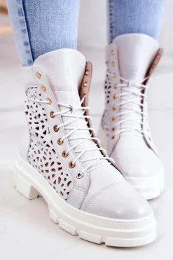 Damskie Boto Skórzane Ażurowe Botki Białe Aileen