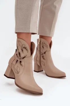 Outlet Zazoo Skórzane Ażurowe Botki Damskie Na Słupku 3647 Jasnobeżowe Beżowy